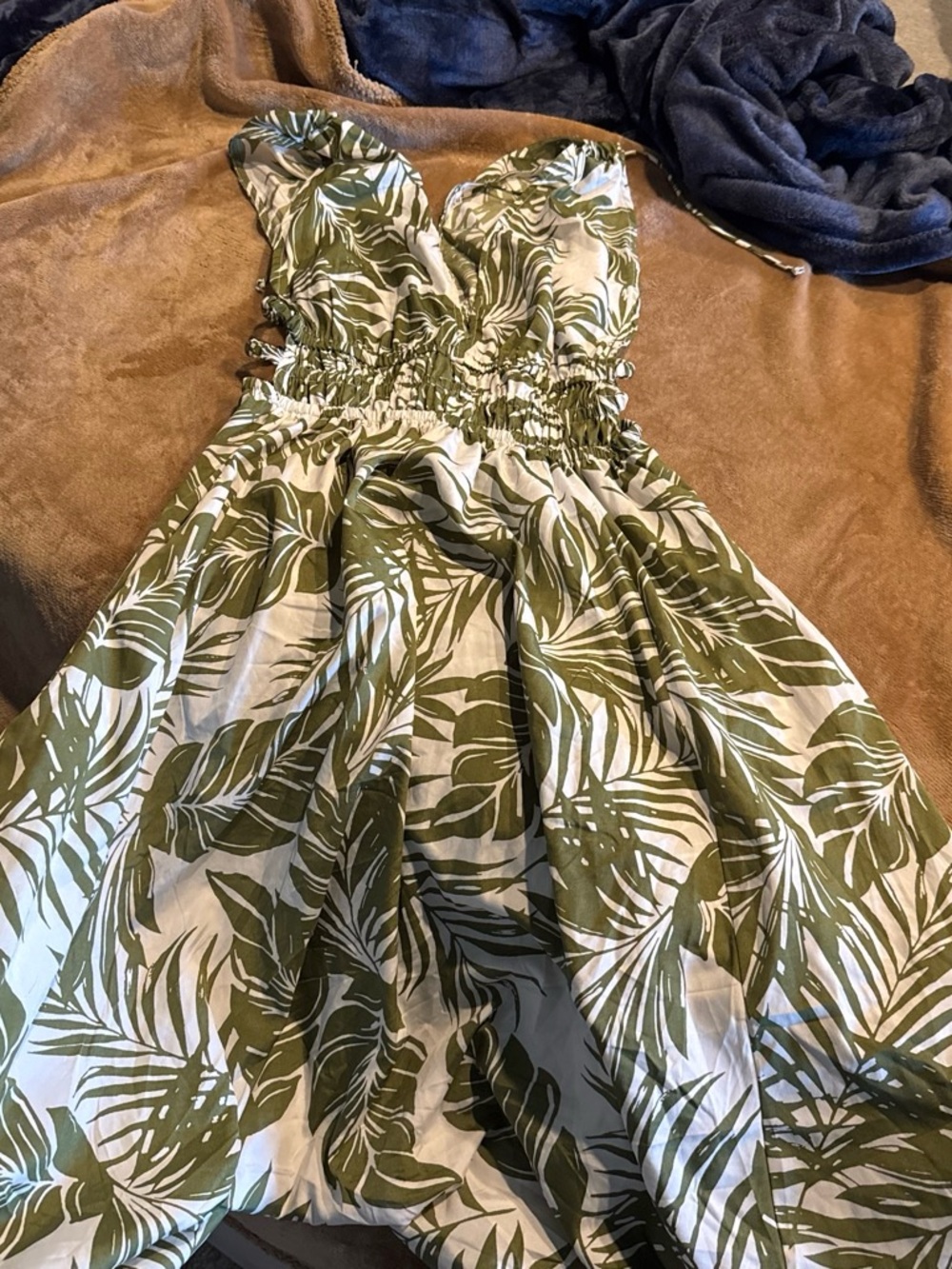 Strapless Green Leaf Print Sundress